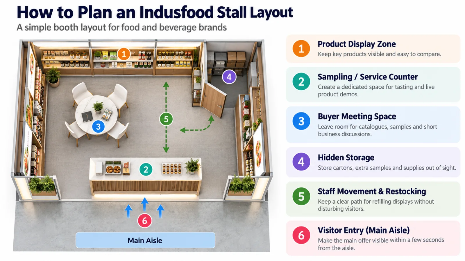 Indusfood 2027 stall layout guide showing product display, sampling counter, buyer meeting space, hidden storage and visitor entry