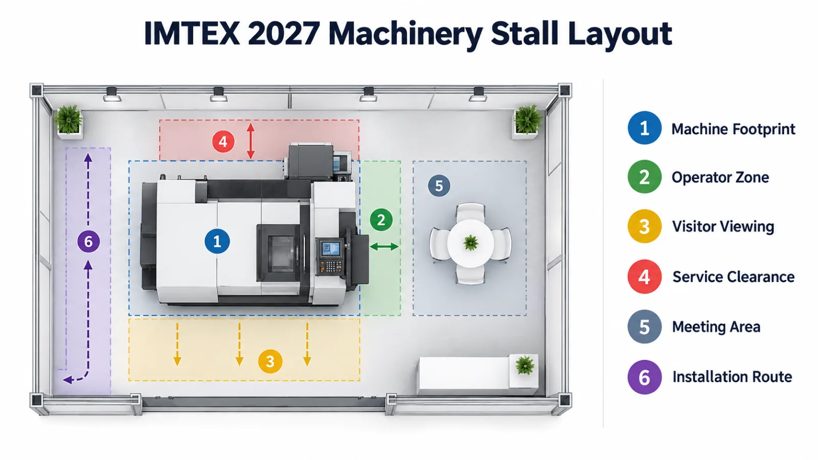 IMTEX 2027 machinery stall layout showing machine footprint, operator zone, visitor viewing area, service clearance, meeting area and installation route