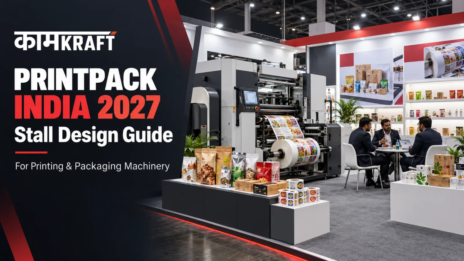 PRINTPACK INDIA 2027 stall design with printing and packaging machinery, sample displays and buyer meeting area