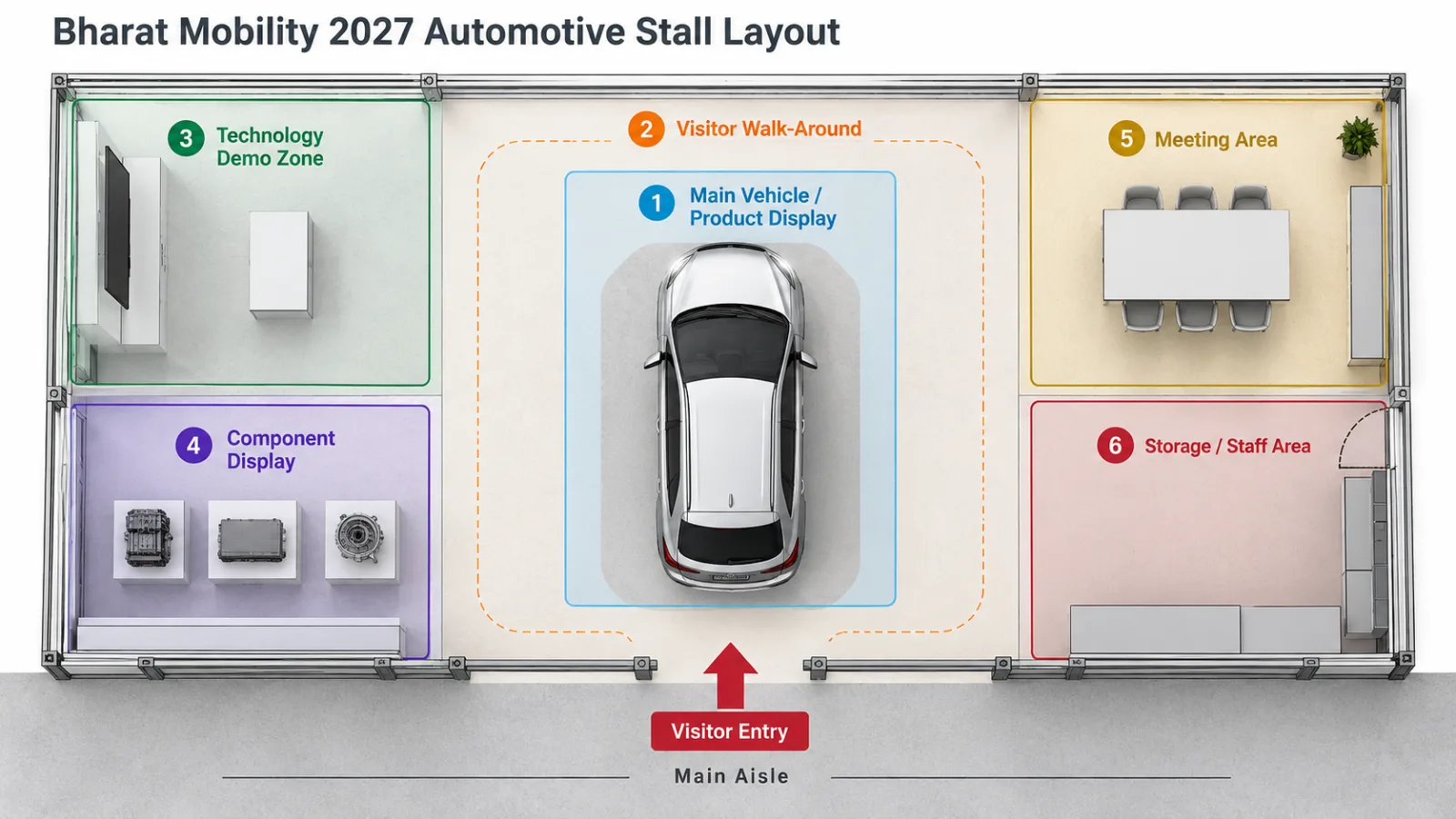 Bharat Mobility 2027 automotive stall layout showing vehicle display, visitor walk-around, technology demo, component display, meeting and storage areas