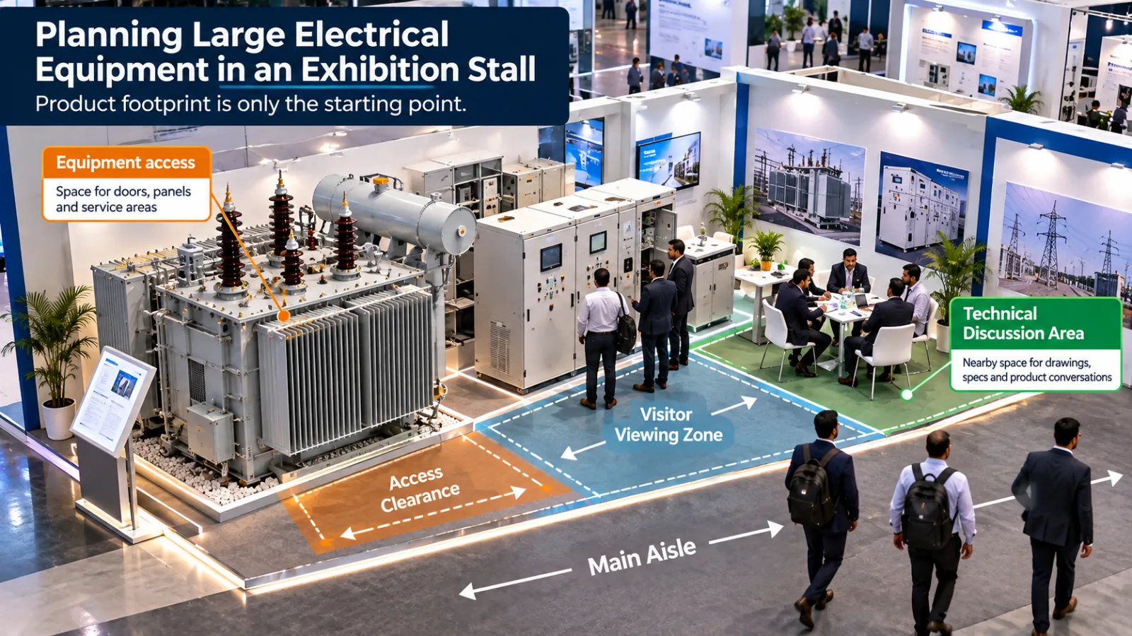 Electrical equipment exhibition stall layout showing equipment access, visitor viewing zone, main aisle and technical discussion area