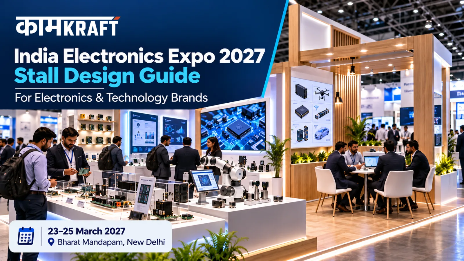 India Electronics Expo 2027 stall design for electronics and technology brands at Bharat Mandapam New Delhi